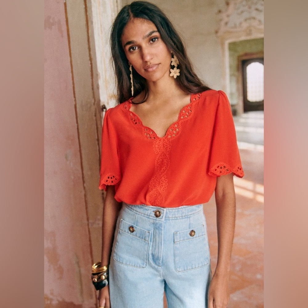 Sezane Red Eyelet-Trim V-Neck Blouse